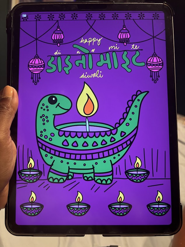 An artist holding a drawing pad with a Dinosaur shaped Diwali diya wishing Happy Dinomite Diwali