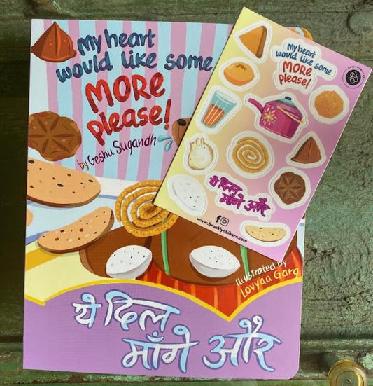 My Indian Tea Party Premium Sticker sheet and English and Hindi bilingual foodies board book My Heart Would Like Some More, Please! featuring colorful illustrations of Indian snacks like samosas, laddoos, and chai