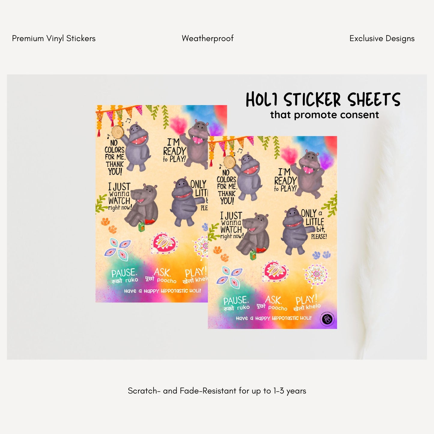 Pause. Ask. Play. Holi Consent Sticker Sheet (4x6) | Happy Hippotastic Holi