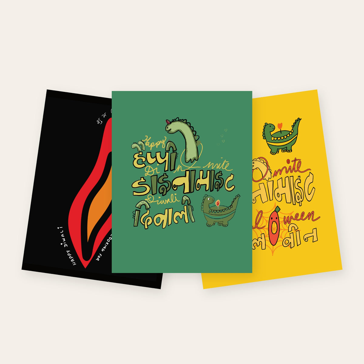 Three Diwali greeting cards: You Are the Diya, Happy Dinomite Diwali and Happy Dinomite Diwal-O-ween.