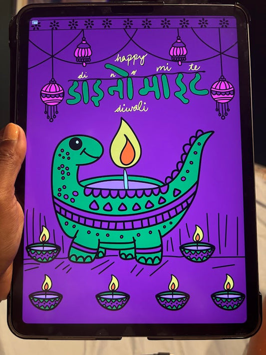 An artist holding a drawing pad with a Dinosaur shaped Diwali diya wishing Happy Dinomite Diwali