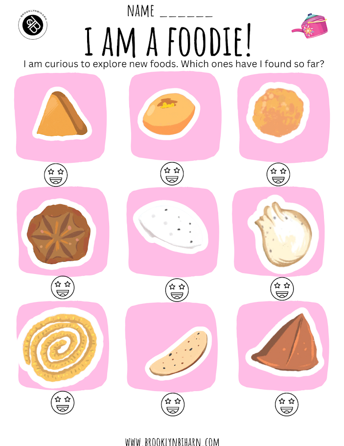 An Activity from My Indian Tea Party Activity Workbook showing the 'I Am a Foodie' activity for exploring different Indian snacks and engaging children’s senses