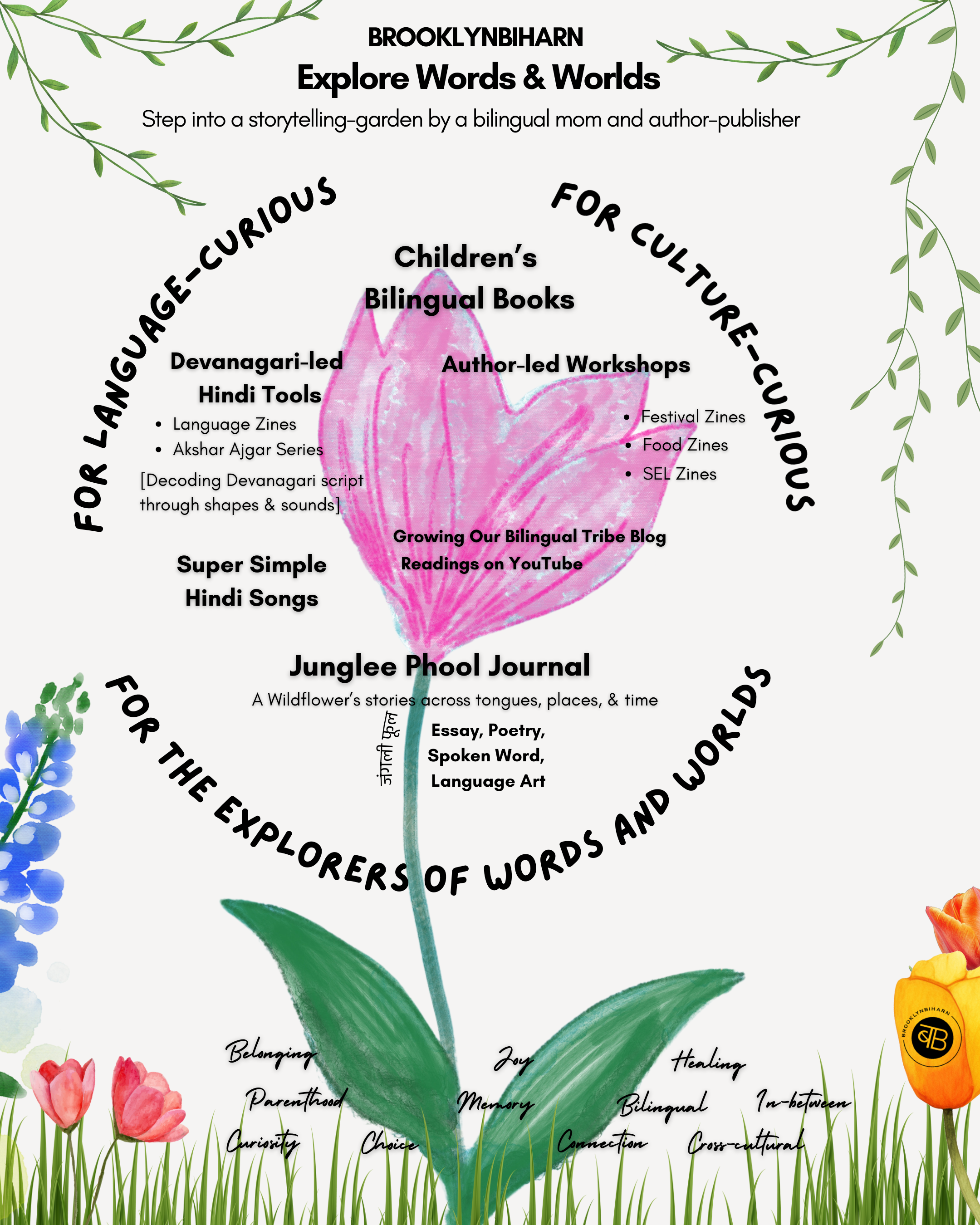 Promotional graphic for BrooklynBiharn featuring a pink flower and text about children's bilingual books and workshops.