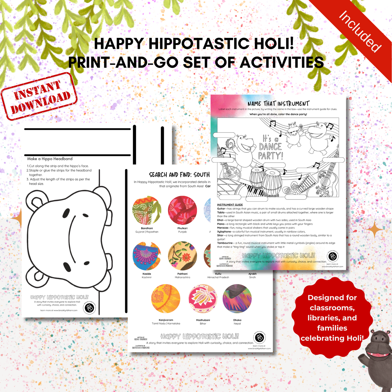 Print and go set of activities for happy hippotastic holi! how to celebrate with consent