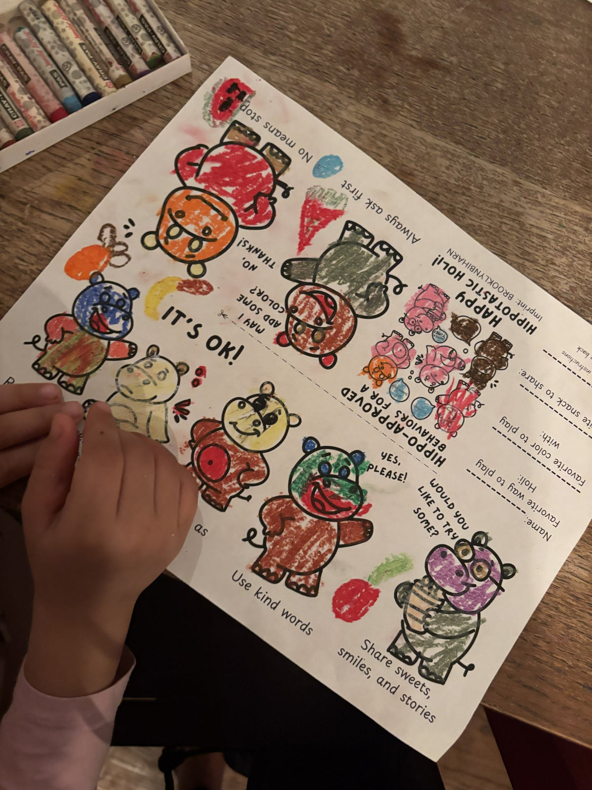 Full Hippo-Approved Holi mini zine sheet, colored in before folding