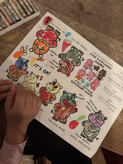 Full Hippo-Approved Holi mini zine sheet, colored in before folding