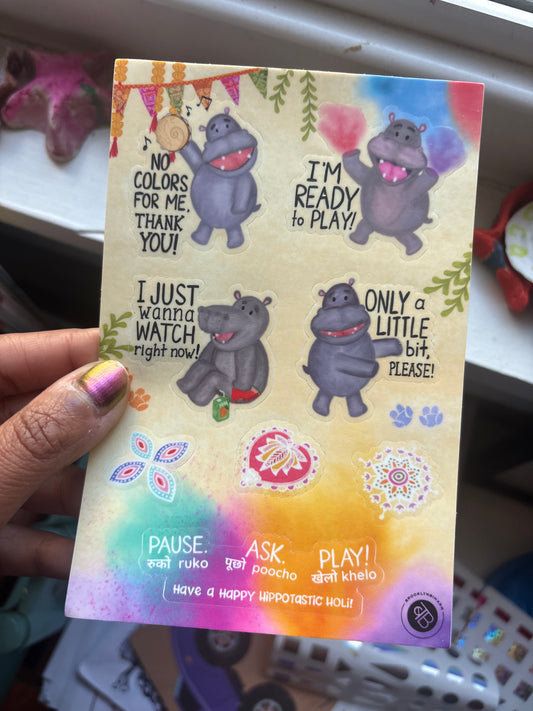 Pause. Ask. Play. Holi Consent Sticker Sheet (4x6) | Happy Hippotastic Holi