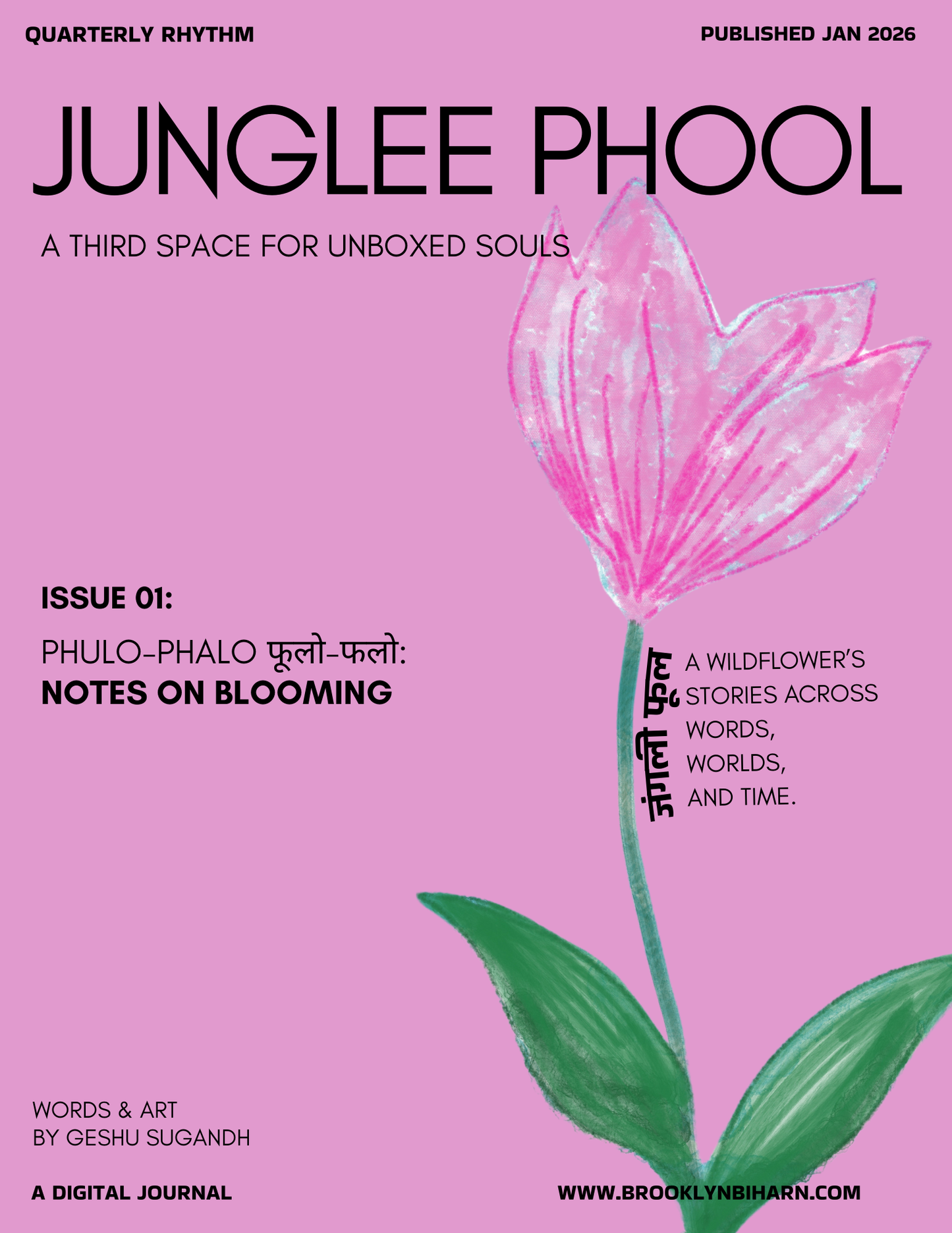 Cover of 'Junglee Phool Journal' with a pink flower illustration on a pink background