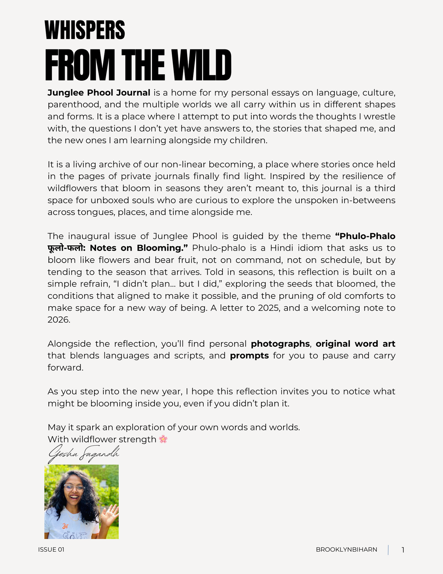 Journal entry titled 'Whispers from the Wild' with text and a photo of a person on a white background.