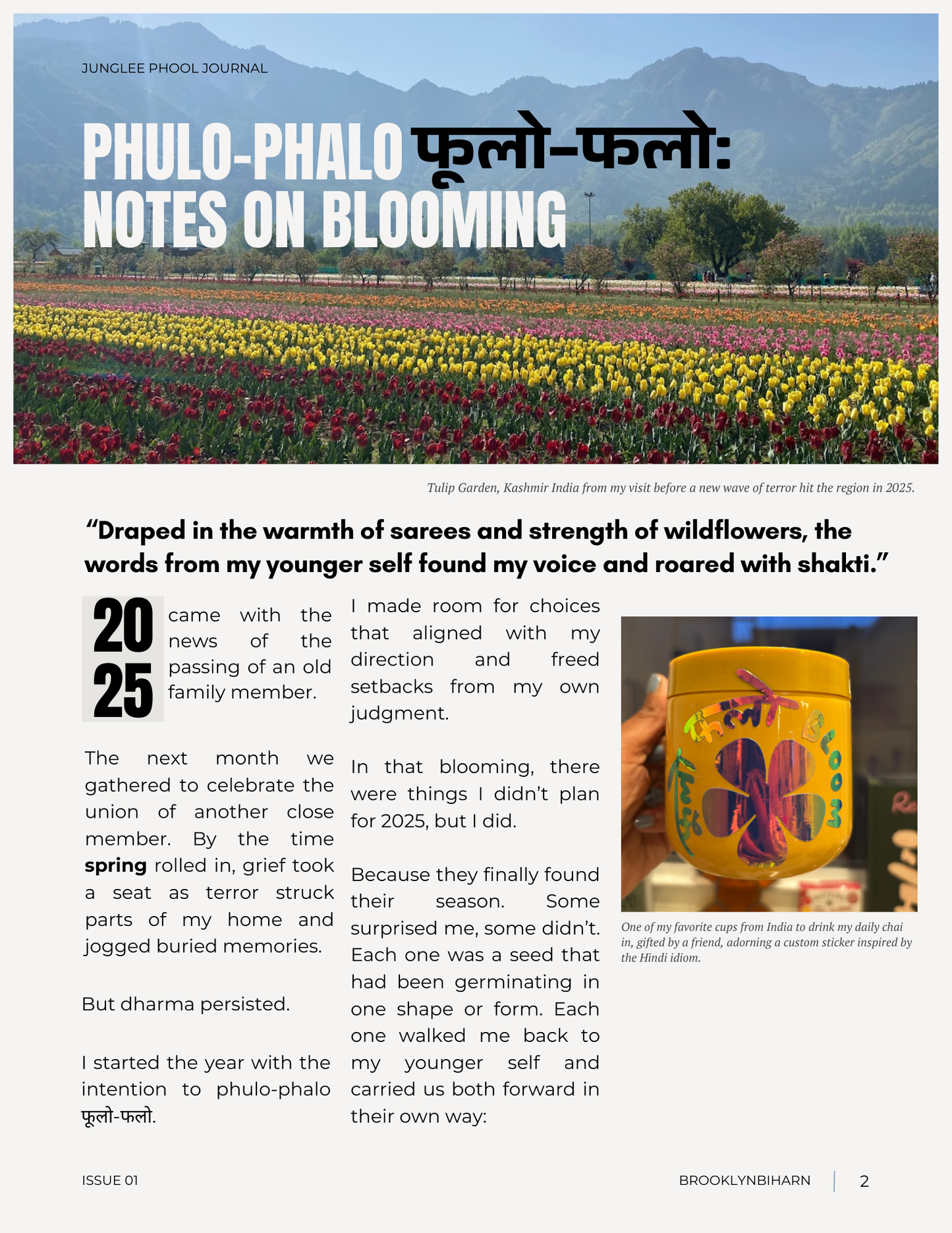 Magazine page with a colorful flower field and text about blooming