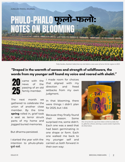 Magazine page with a colorful flower field and text about blooming