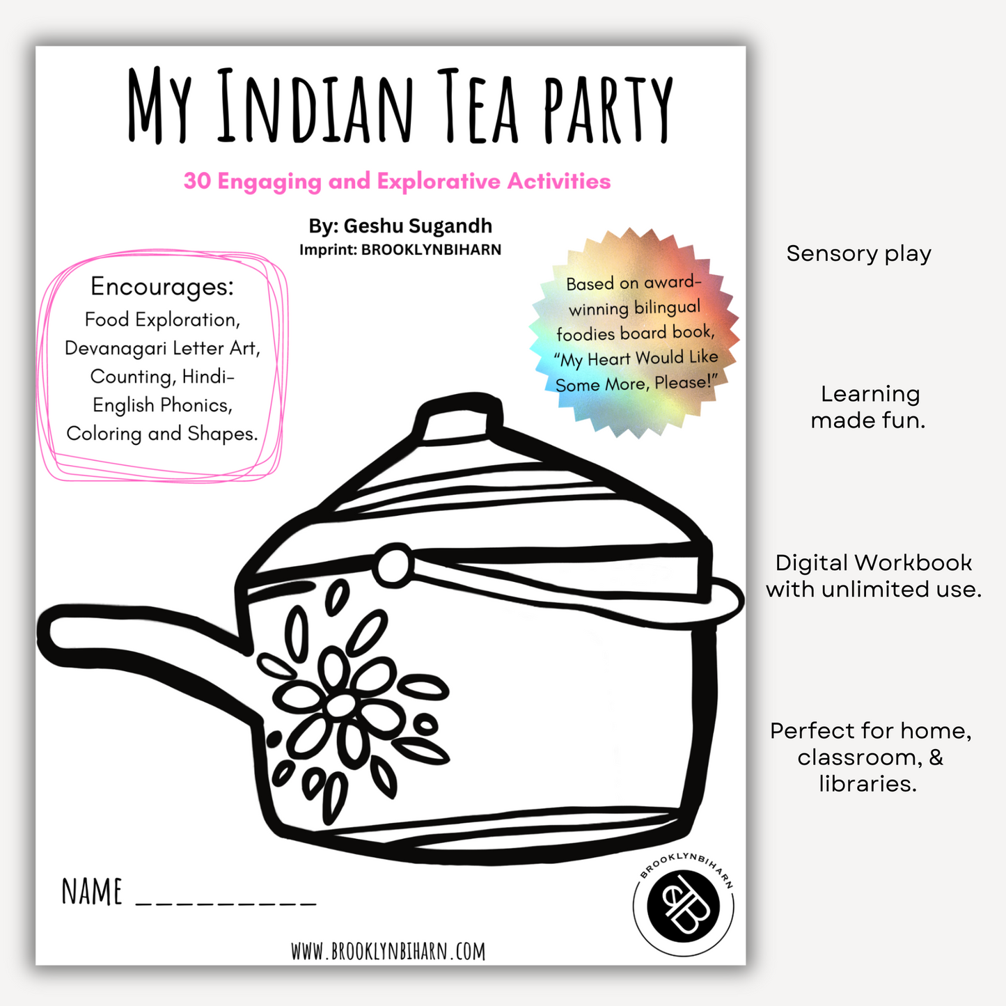 Cover of My Indian Tea Party Activity Workbook featuring activities for exploring Indian snacks and bilingual learning in Hindi and English.