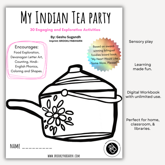 Cover of My Indian Tea Party Activity Workbook featuring activities for exploring Indian snacks and bilingual learning in Hindi and English.