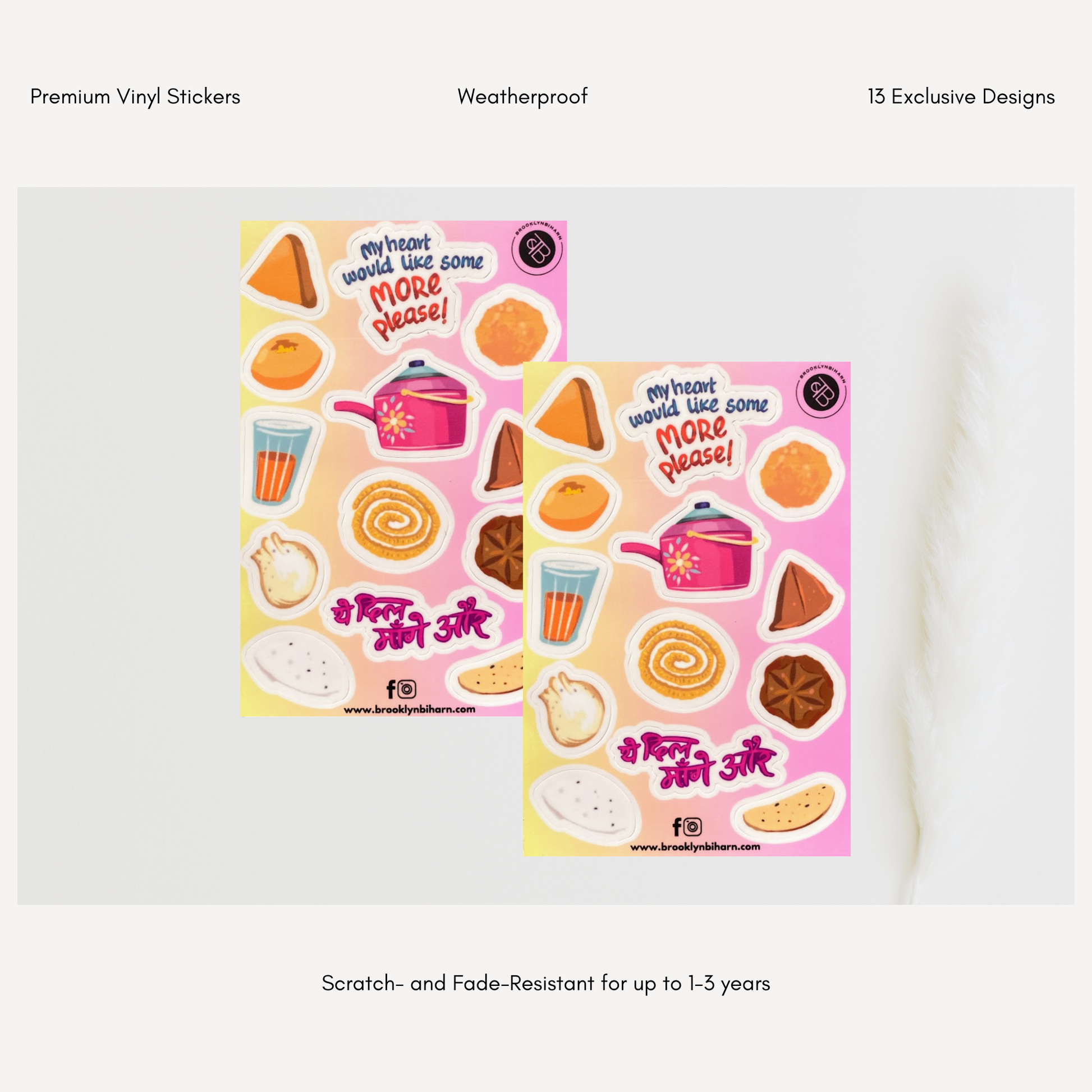 My Indian Tea Party Premium Stickers featuring colorful illustrations of Indian snacks like samosas, laddoos, chai, and more