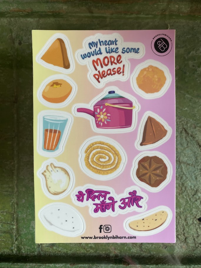 Close-up of My Indian Tea Party Premium Sticker sheet with detailed illustrations of Indian snacks such as chai, laddoos, and golgappa