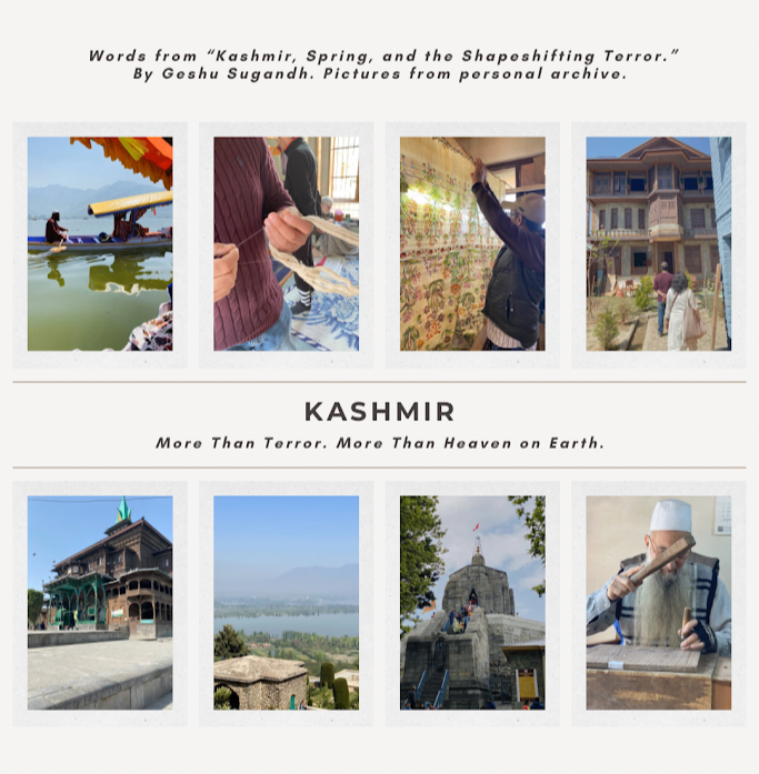 Collage of images from Kashmir with text overlay - Kashmir, Spring, and the Shapeshifting Terror.