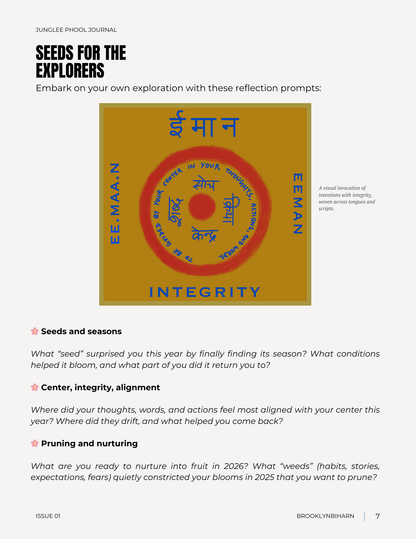 Book page with reflection prompts and visuals of word art invoking integrity.