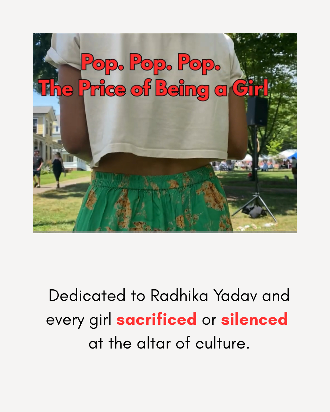 Person wearing a white shirt and green pants with text overlay pop pop pop - the prices of being a girl - at new york poetry festival.
