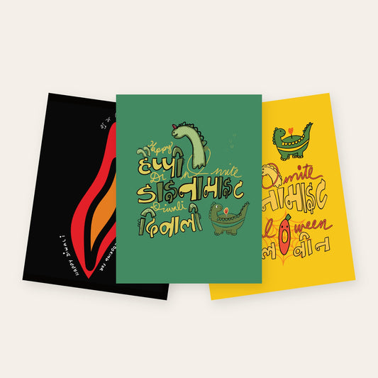 Three Diwali greeting cards: You Are the Diya, Happy Dinomite Diwali and Happy Dinomite Diwal-O-ween.