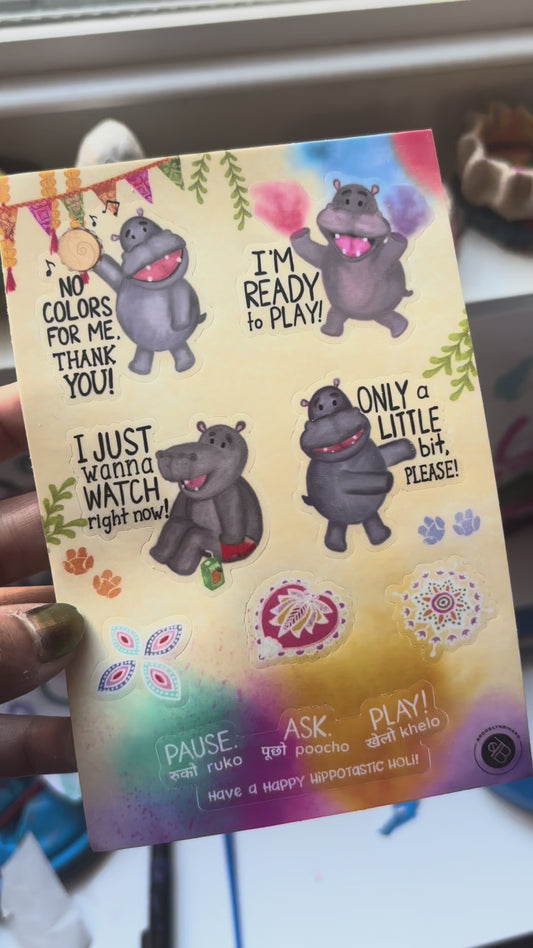 Pause. Ask. Play. Holi Consent Sticker Sheet (4x6) | Happy Hippotastic Holi