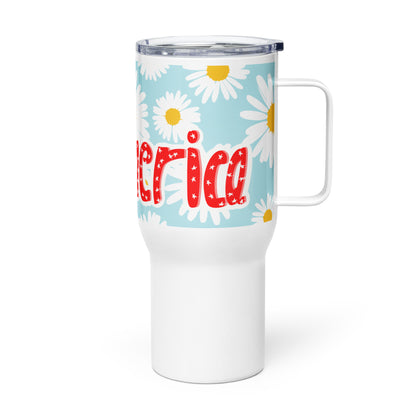 America Travel mug with a handle. Devanagari-Latin blend.